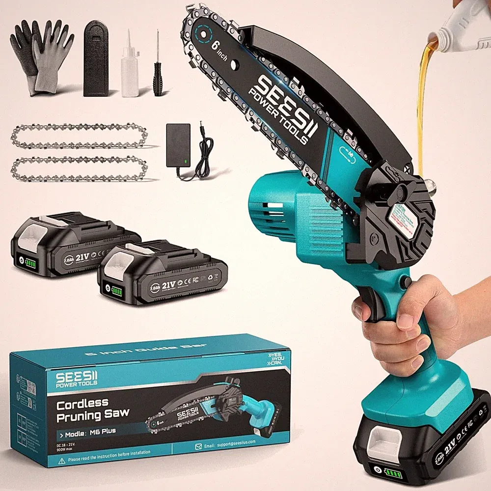 Effiziente Akku Kettensäge 6 Zoll von Seesii - 900W Motor, 2 Batterien inklusive