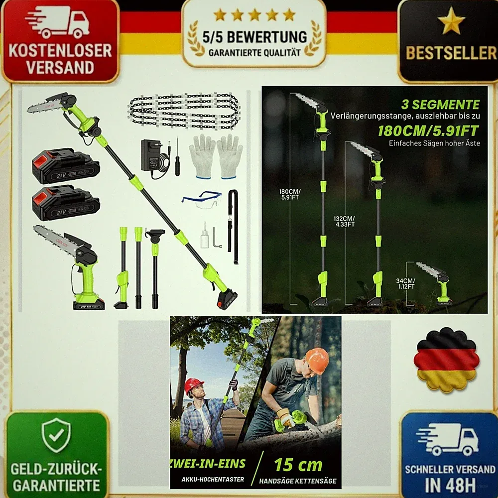 finade Akku Hochentaster Teleskop 2-in-1 Mini Kettensäge 6 Zoll Astschere