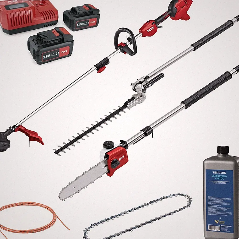 Flex Akku Garten Set 18V Hochentaster Heckenschere Rasentrimmer 2x5,0 Ah Akku Öl