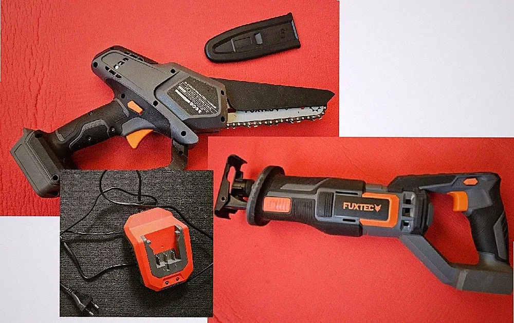 Fuxtec Akkuwerkzeuge _ Einhandkettensäge, Säbelsäge, Aufladegerät