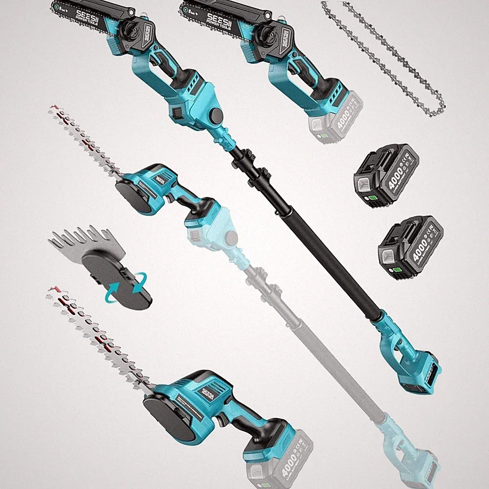 Gartenpflege Set Elektrokettensäge Akku Heckenschere Teleskop 6-in-1