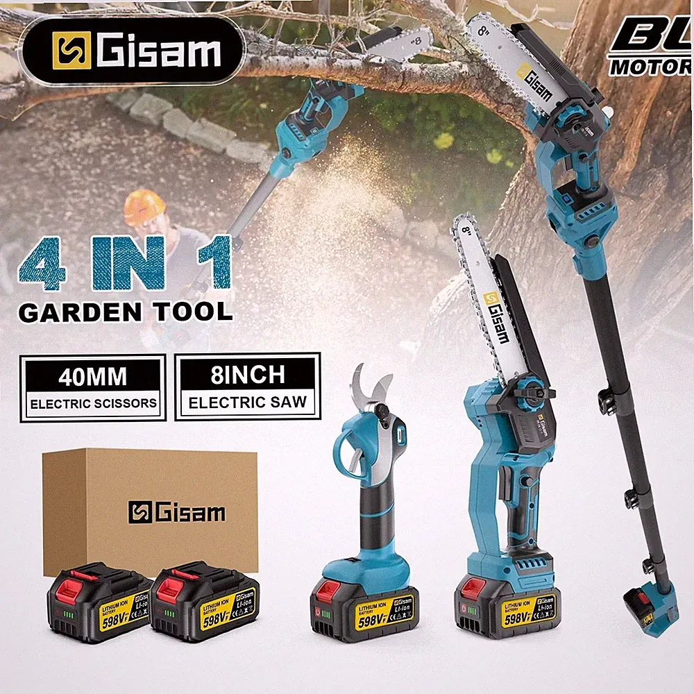 GISAM 4IN1 Akku Kettensäge Teleskop Hochentaster Gartenschere mit 1Akku