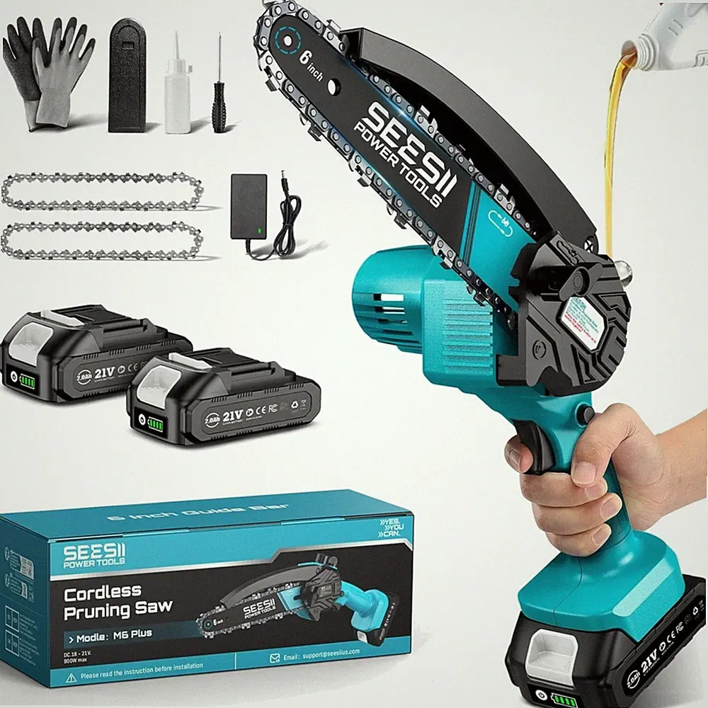 Kettensäge Akku Kabelosen 6 Zoll Mini Kettensäge Holzschneider mit 2 Batterien