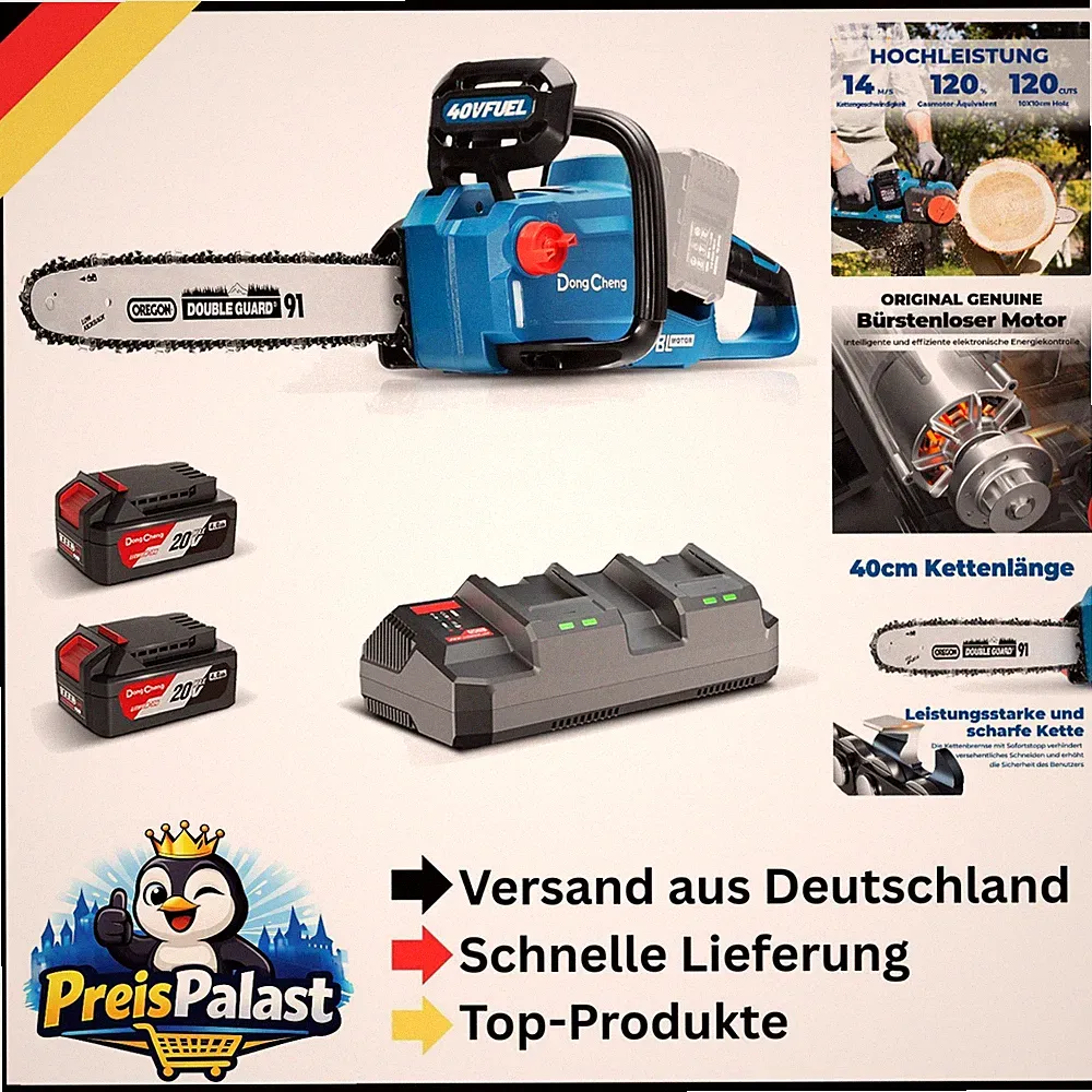Kraftvolle 40V Akku Kettensäge mit Brushless Motor - 1600W und 38cm Schnittlänge