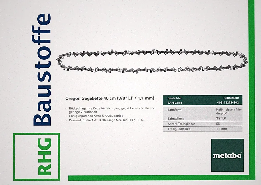Metabo Oregon Sägekette 40 cm - leistungsstark 3/8" LP / 1,1 mm