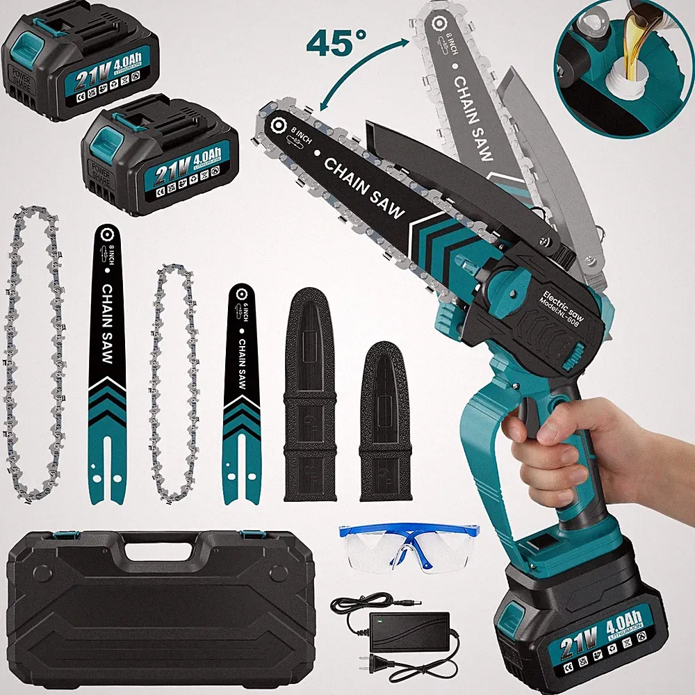 Mini Akku Kettensäge 6+8 Zoll 21V Elektro Kettensägen mit 2 Akkus & Zubehör Neue