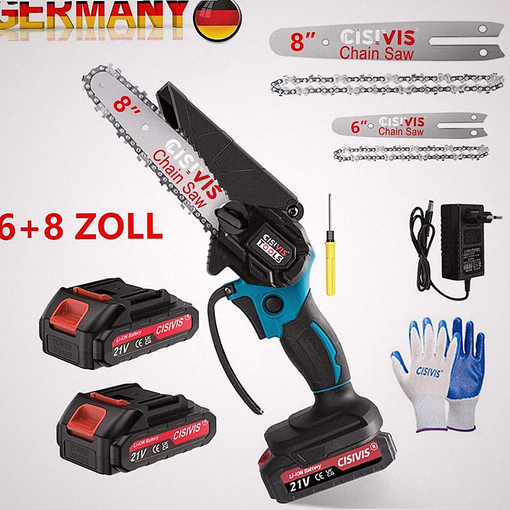 Mini Akku Kettensäge 6+8 Zoll Elektro Kettensäge Set mit 2x 3000mAh Akku