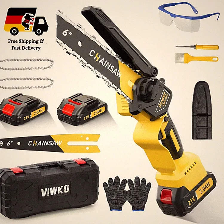 Mini Akku Kettensäge 6 Zoll 1000W Brushless mit 2x2000mAh Akku und Zubehör Set