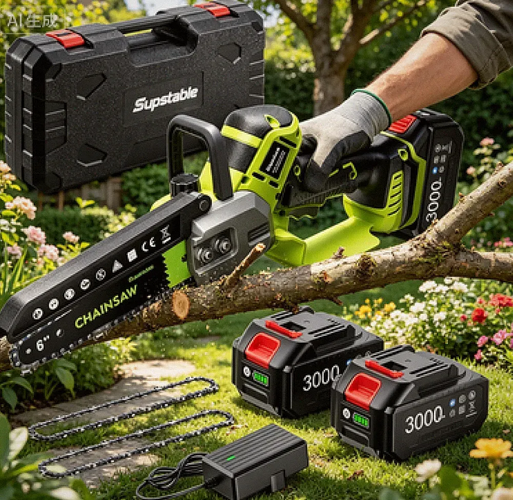 Mini Akku Kettensäge 6Zoll bürstenlos 2Akkus Astsäge für Garten, Holzschneiden