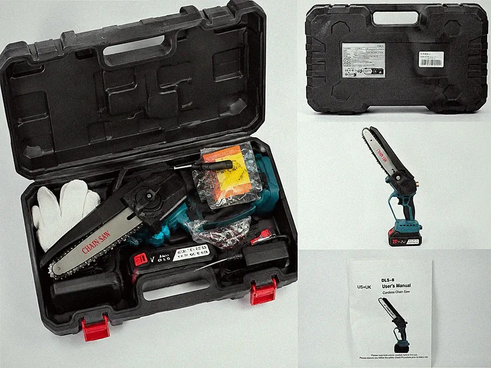 Mini Akku-Kettensäge DLS-8, 21V, Set mit Akku, Koffer, Ladegerät & Zubehör