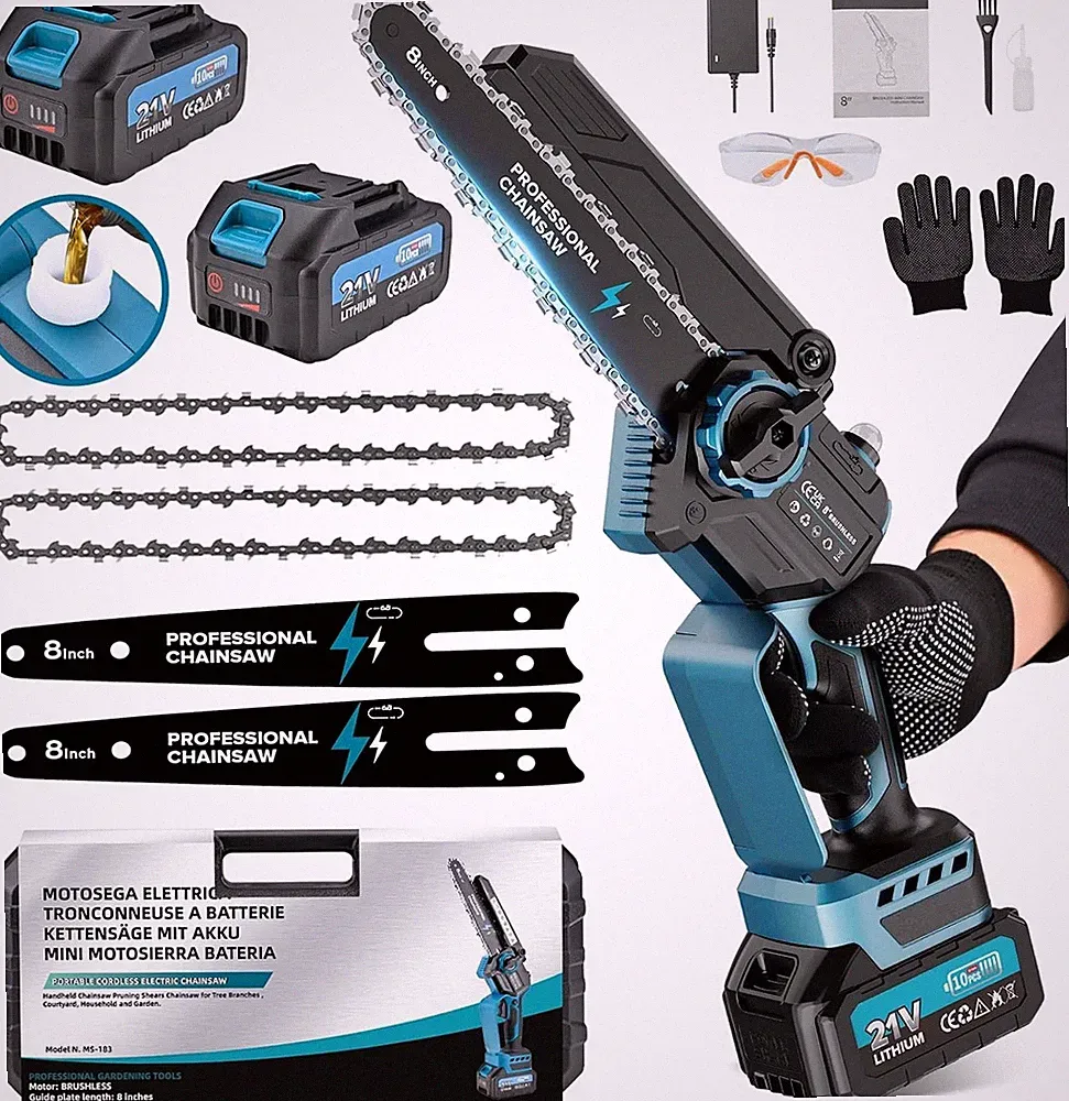 Mini Kettensäge 8 Zoll mit 2 Akkus, 8000mAh/21V Batterien Handkettensäge, 1200W