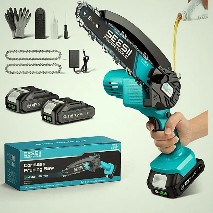Mini-Kettensäge Akku 6 Zoll kabellos 21V mit 2 Ketten und Schmiermittelinjektor