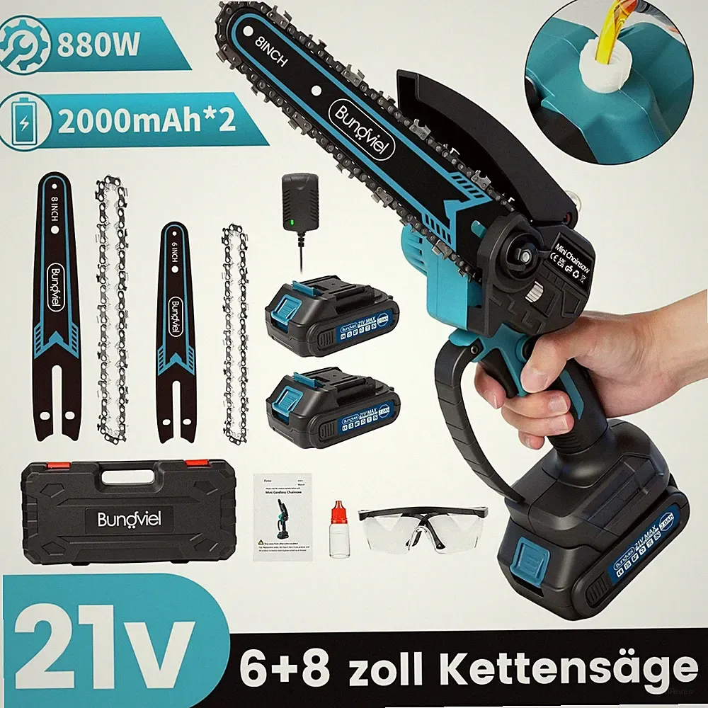 Mini Kettensäge mit Akku 4000mAh Kettensäe 6"+8" Akku-Kettensäge 21 V Handsäge