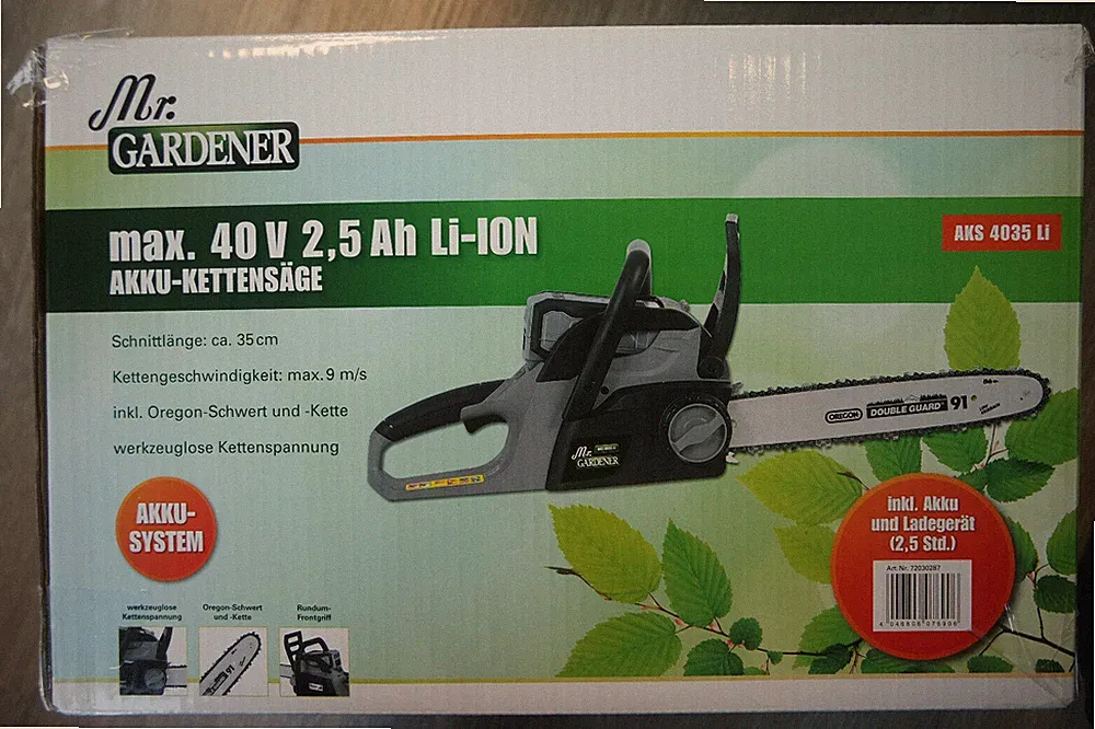 Mr Gardener 40V 2,5ah Akku-Kettensäge 42 cm Schwertlänge mit Akku und Ladegerät