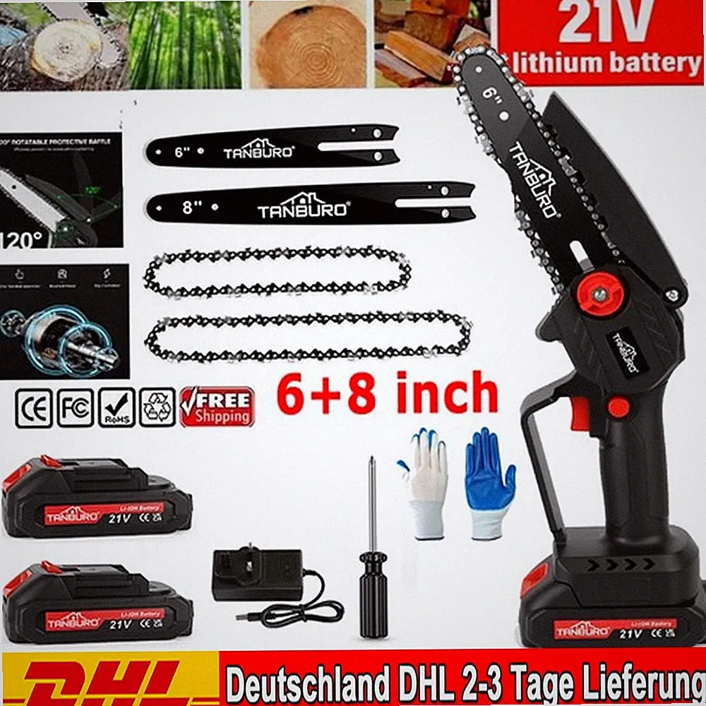 NEU 6+8 Zoll Kleine Akku-Elektrokettensäge Mini Einhandsäge Astsäge Mit 2X Akku