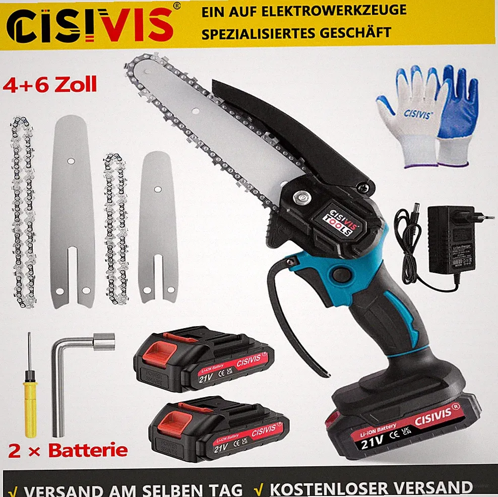NUE Akku Kettensäge 4+6 Zoll Mini Elektro Kettensägen Handkettensäge 2 Akku DHL