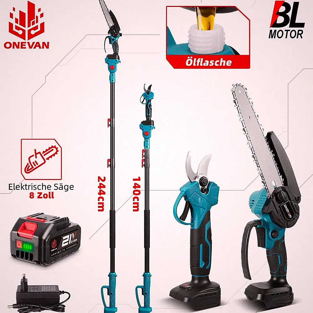 ONEVAN 4IN1 Akku Kettensäge 8'' Teleskop Hochentaster Gartenschere mit 1 Akku