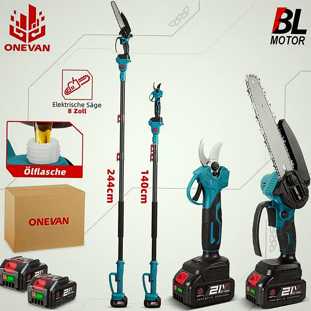 ONEVAN 8'' Hochentaster Akku Kettensäge 3IN1 Teleskop Gartenschere Astkettensäge