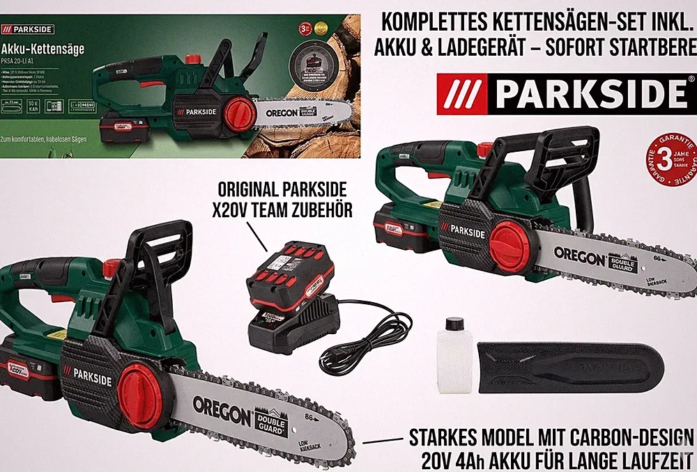 PARKSIDE 20 V Akku Kettensäge PKSA 20-Li A1, mit 4Ah Akku & Ladegerät, Motorsäge