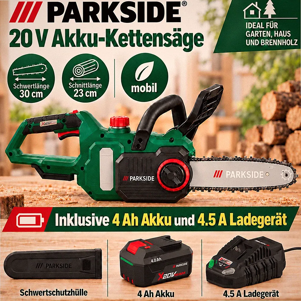 PARKSIDE 20V Akku Kettensäge Säge PAKS 20-Li inkl. 4 Ah Akku + 4,5 A Ladegerät