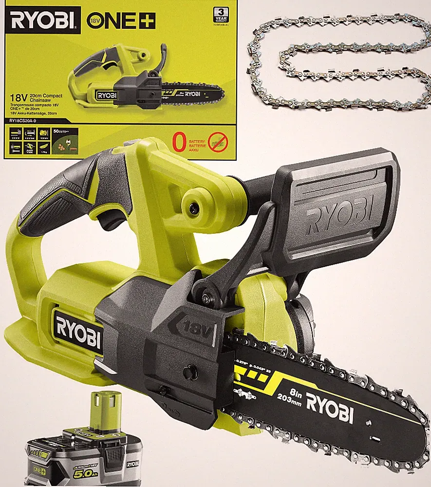 Ryobi Akku-Kettensäge 18V RY18CS20A-0 Schwertlänge 20 cm + Akku 5Ah RB18L50