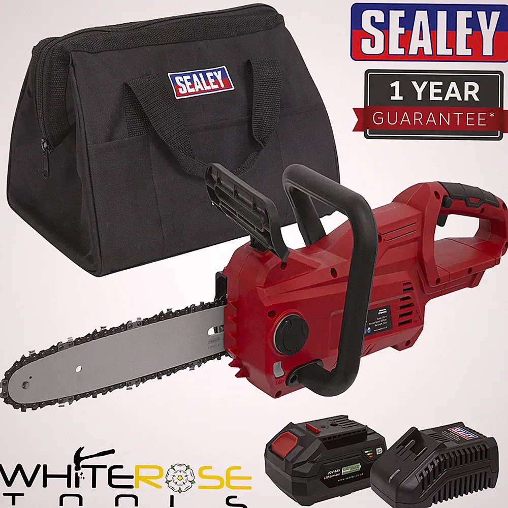 Sealey Akku Kettensäge 25cm 20V 4Ah SV20 Serie Kit Akku Ladegerät Canvas Tasche
