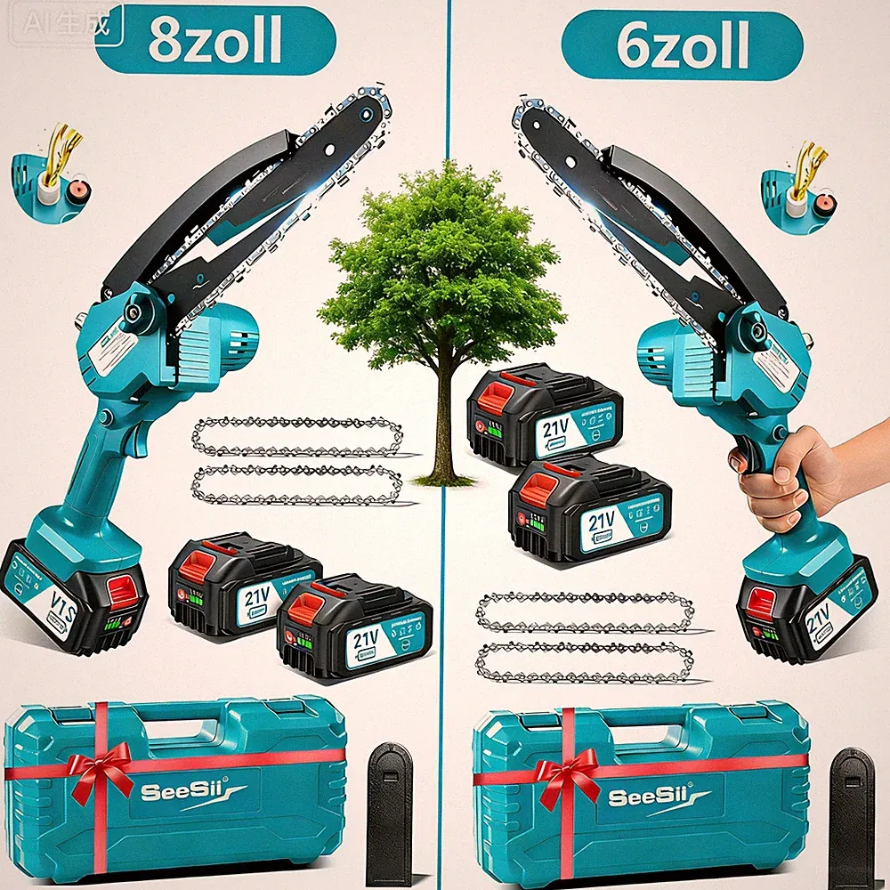 Seesii 6/8Zoll Mini Kettensäge Mini Kettensäge Handkettensäge mit 2 *4,0Ah Akku