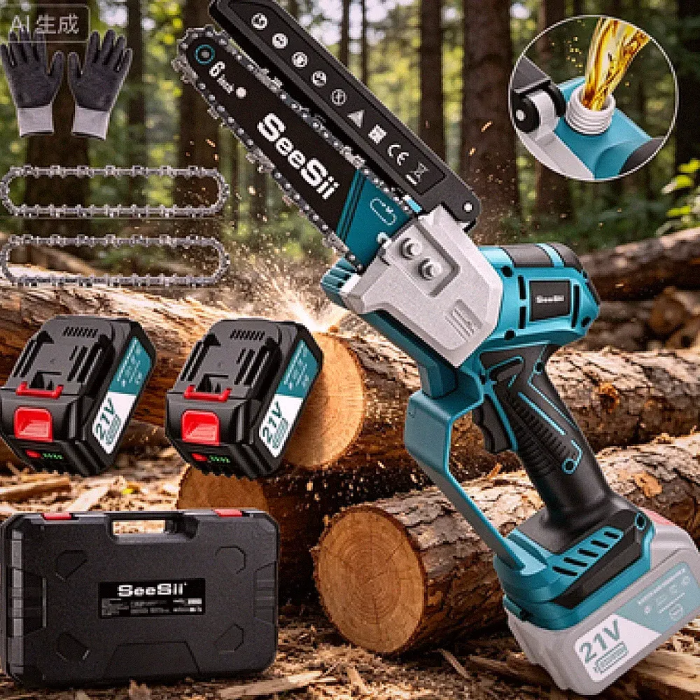 SEESII 6-Zoll Brushless Mini-Kettensäge 2×4000mAh Akku passend für Makita 18V