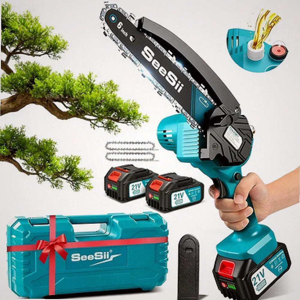 SEESII 6 Zoll Mini Kettensäge Mini Kettensäge 2*4,0 Akku Handkettensäge Akku