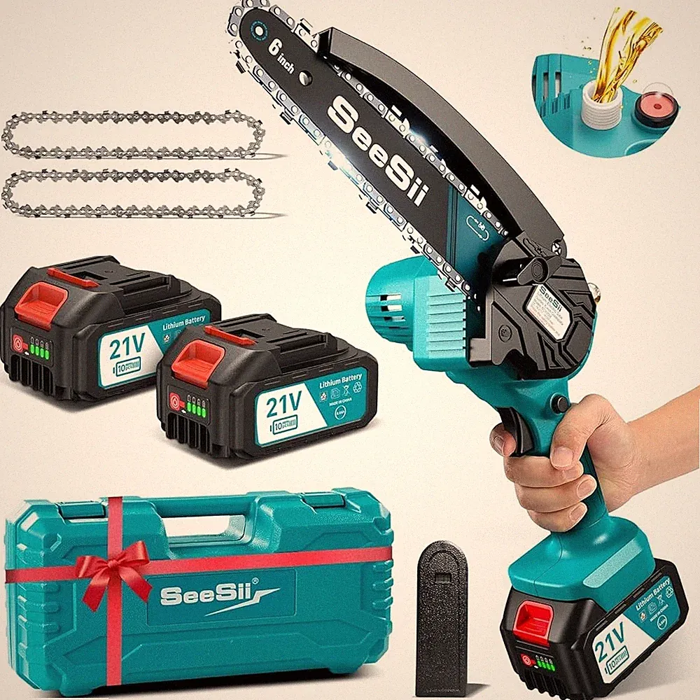 Seesii 6 Zoll Mini Kettensäge Mini Kettensäge Handkettensäge mit 2 *4,0Ah Akku