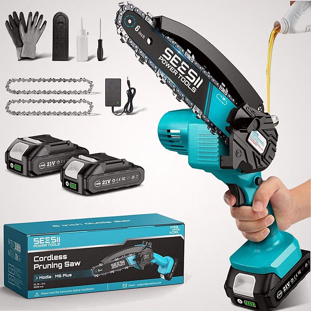 Seesii 6 Zoll Mini-Kettensäge mit 2 wiederaufladbaren Akkus und Schnellladegerät
