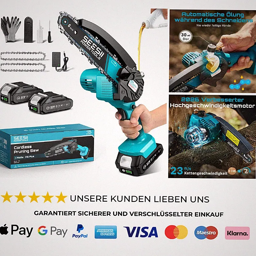 Seesii Akku Kettensäge 6 Zoll Mini Kettensäge 2 Batterien 2
