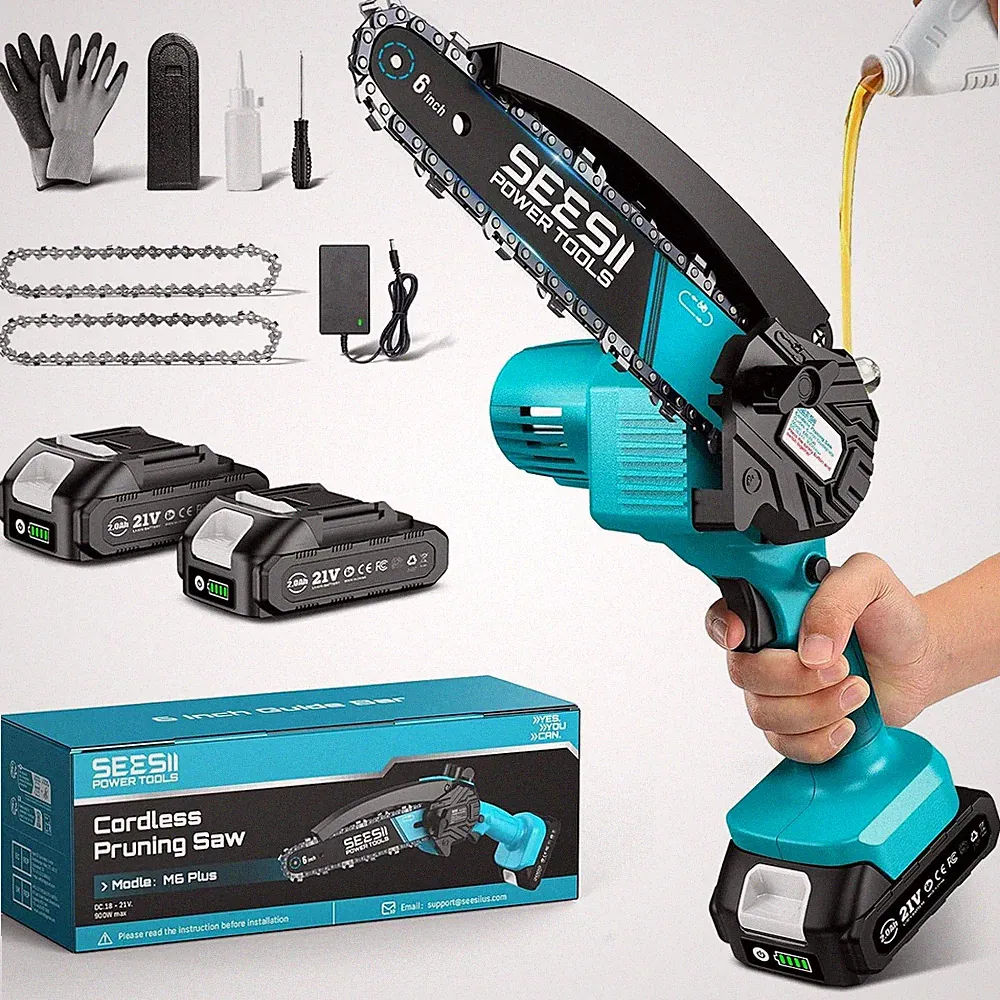 SEESII Akku Kettensäge 6 Zoll Mini Kettensäge mit 2 Akku