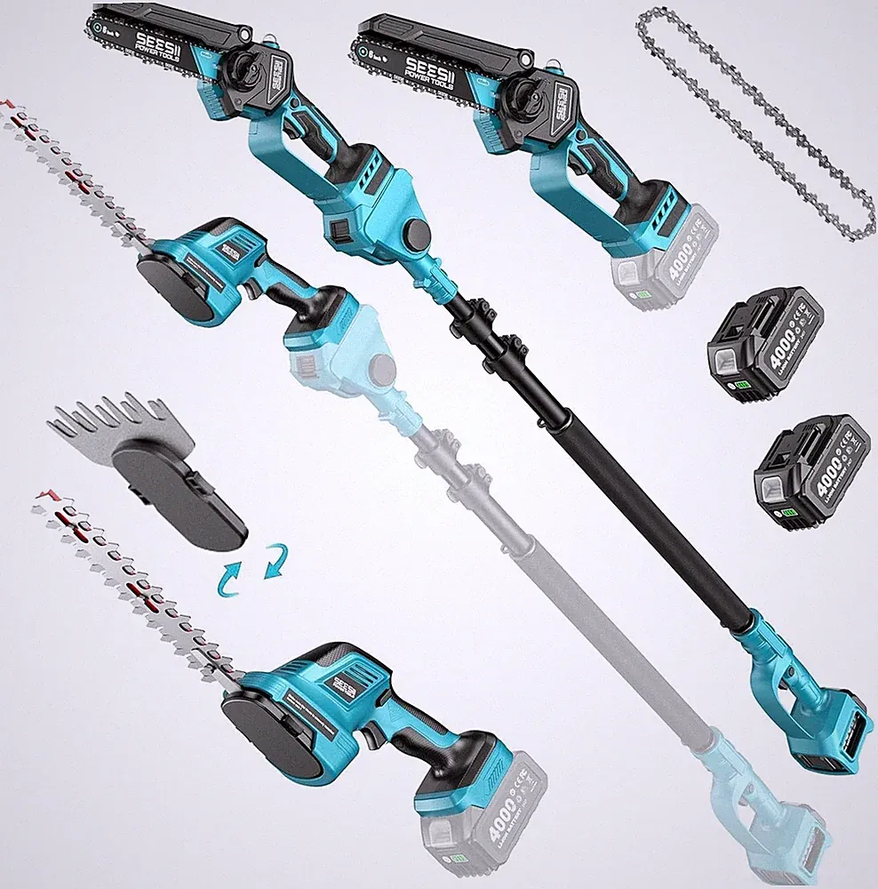 SEESII Kabelloses Garten Tool 6-in1 Mini-Kettensäge Teleskophalter 2x4,0mAh Akku