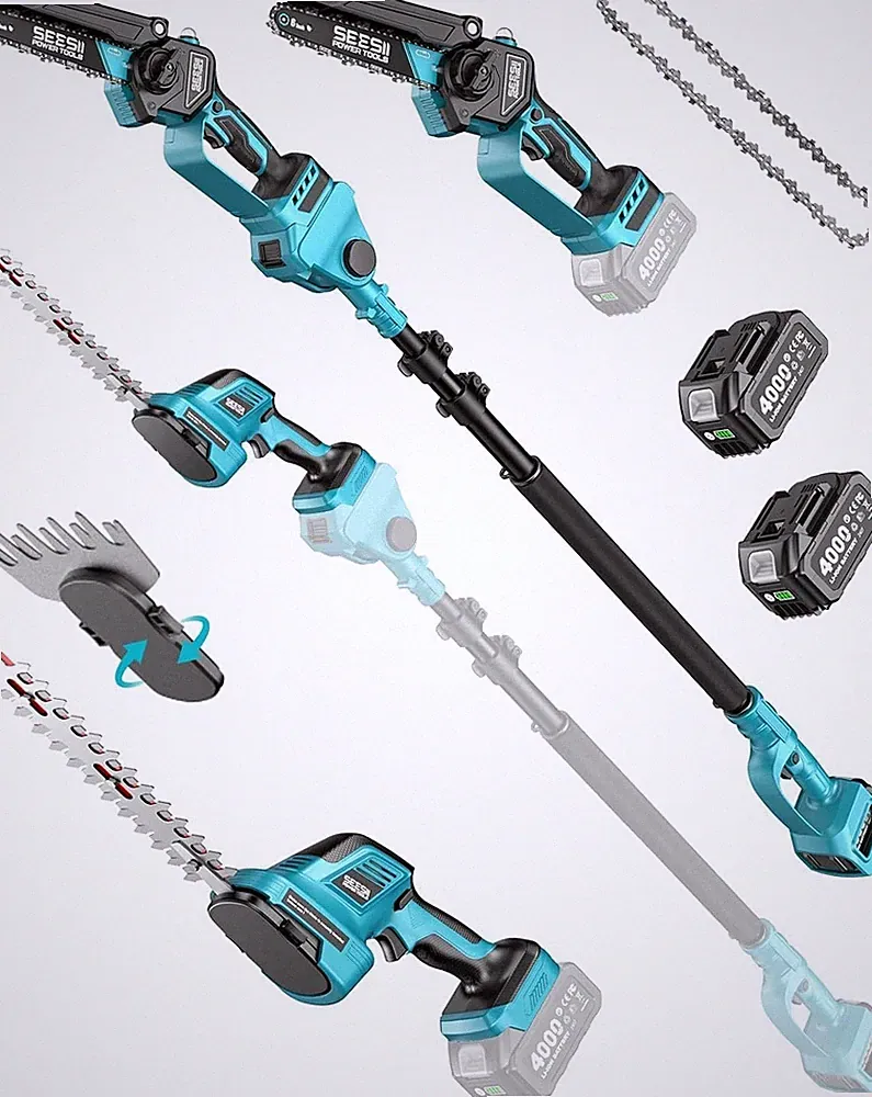 SEESII Kabelloses Garten Tool 6-in1 Mini-Kettensäge Teleskophalter 2x4,0mAh Akku