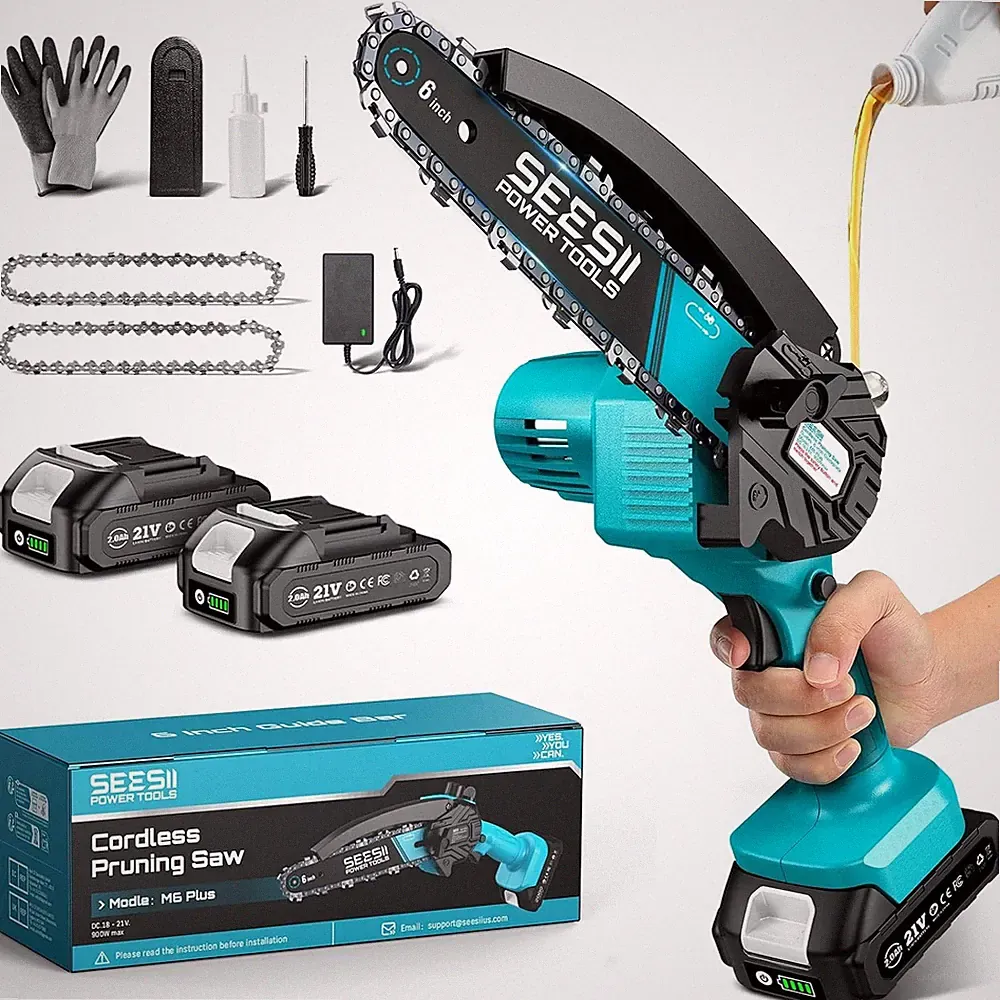 SEESII Mini Kettensäge 6 Zoll Akku 900W mit Auto-Öl, 2x 21V 2,0 Ah, 80 Min