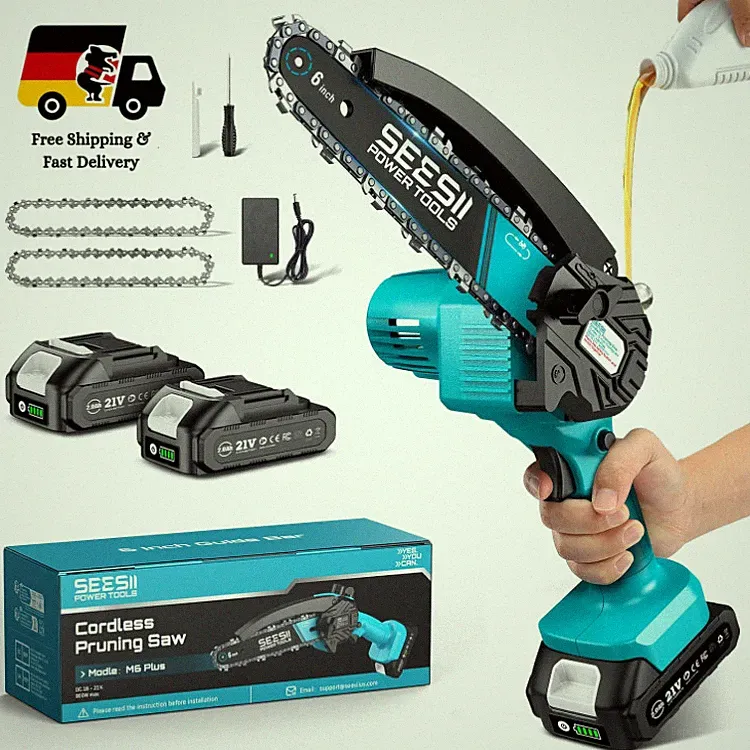 SEESII Mini Kettensäge Akku 6 Zoll, 1000W Elektrisch Türkis, 2 Akkus 21V, 80 Min