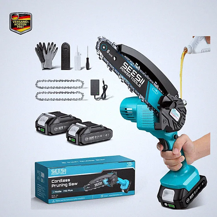 Seesii Mini-Kettensäge Akku 6 Zoll Kabellos Schmiermittel 2 Batter
