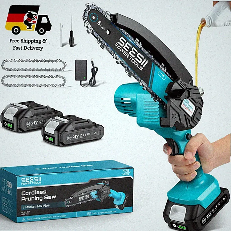 SEESII Mini Kettensäge Akku 6 Zoll mit 2 Akkus 21V 2,0 Ah in Türkis, 1000W