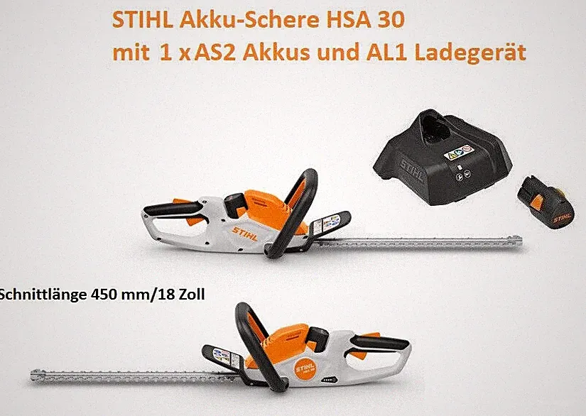 STIHL Akku-Schere HSA 30 mit 1 x AS2 Akkus und Ladegerät Schnittlänge 450mm NEU!