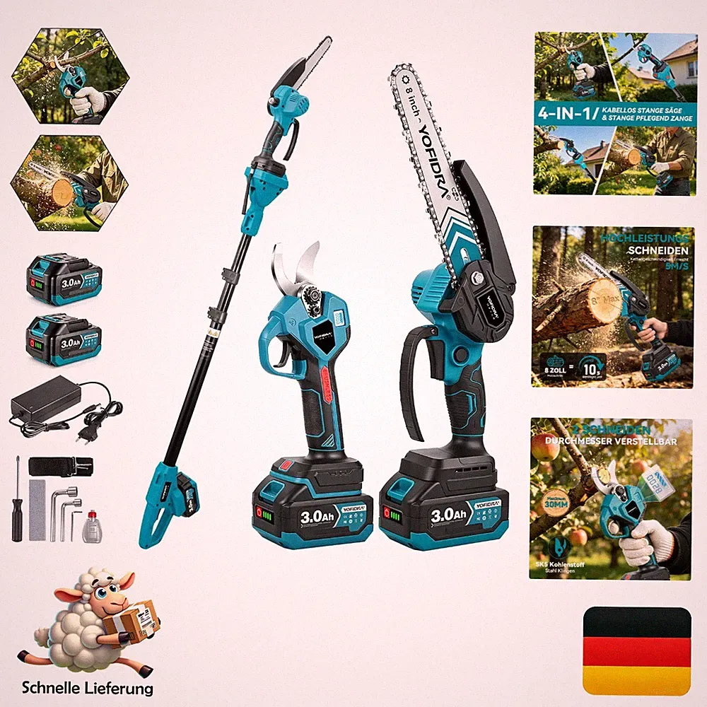 Yofidra 4-in-1 Gartenwerkzeug Set Akku Kettensäge 8 Zoll Teleskopstange Astsc...