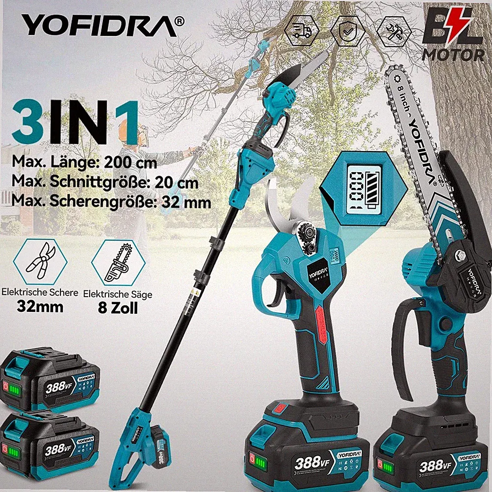 YOFIDRA® Akku Kettensäge Teleskop Astsäge Hochentaster Akku Astschere 0/2Akkus
